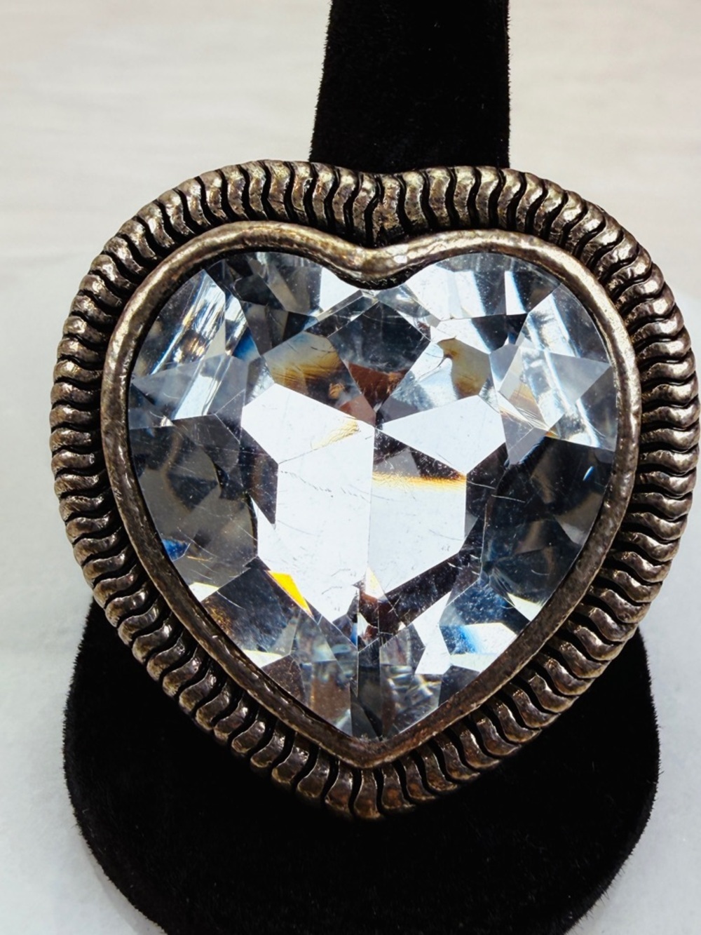 Vintage aged Silvertone, weighted, large heart bling size 8 stretch, ring